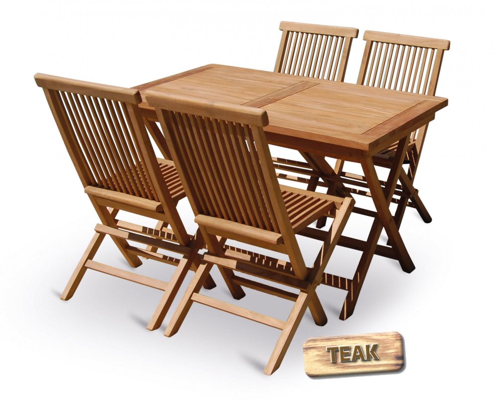 V-Garden Teak Pohoda Set 4 Luxusní masivní stolová sestava 4 skládacích židlí a skládacího stolu z exotického prémiového teakového dřeva.